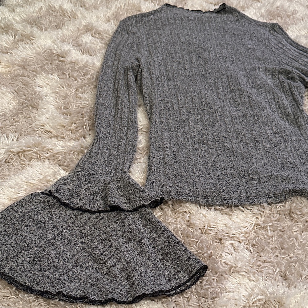 Gray Ribbed Knit Top with Flare Sleeves